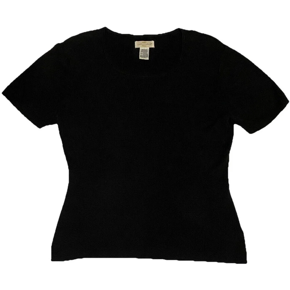 Yarn Works Womens M Black Short Sleeve Knit Textured Stretch Blouse Top Pullover